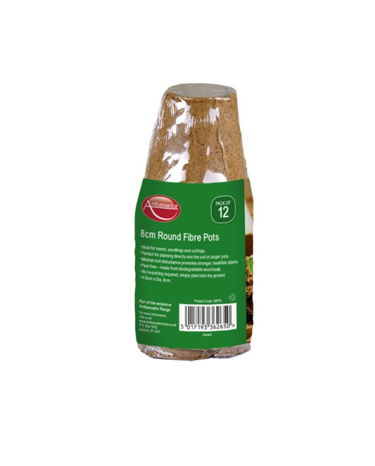 8cm Round Fibre Pots packaging with a green label on a white background