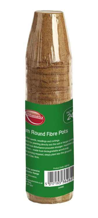 Pack of round fibre pots with a green label on a white background