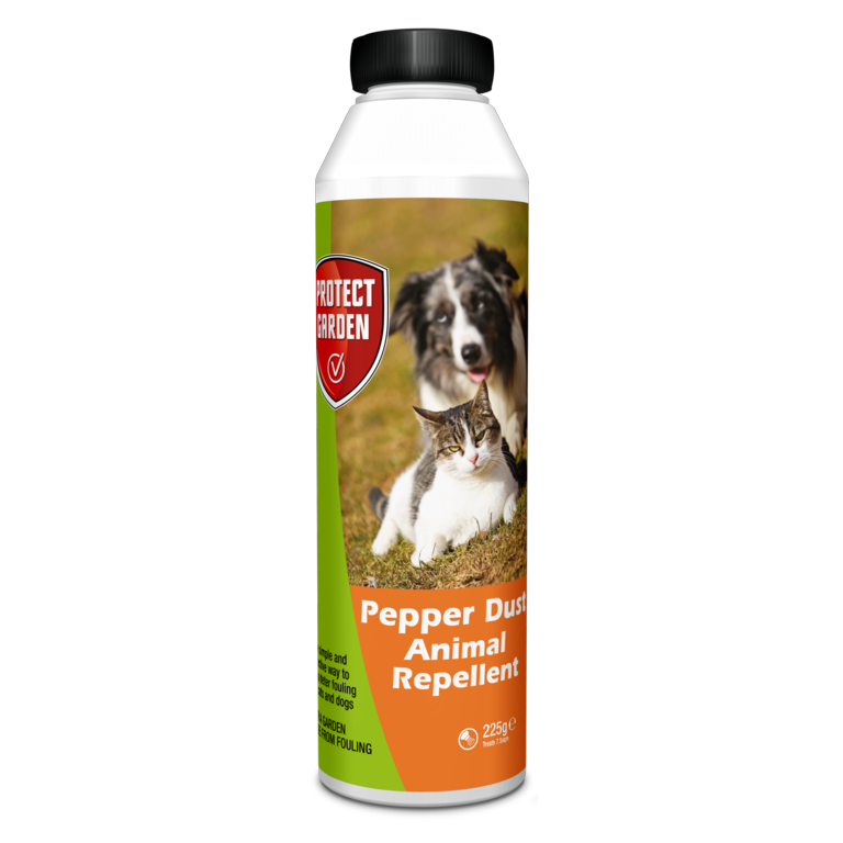 Bottle of Pepper Dust Animal Repellent with a dog and cat on the label against a white background