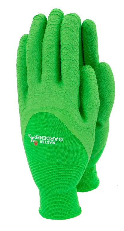 Green gardening glove with 'Master Gardener' logo on a white background