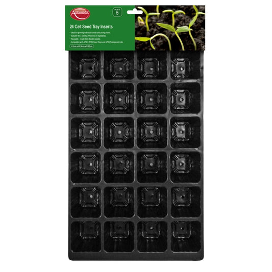 Black seed tray with 24 compartments and a green label on a white background