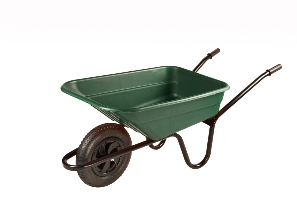 Green wheelbarrow on a white background