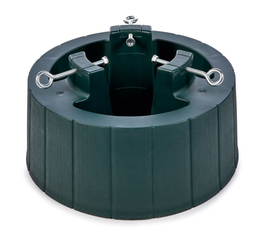 Dark green plastic Christmas tree stand with water reservoir and bolts \| Heavy duty base for real cut trees UK