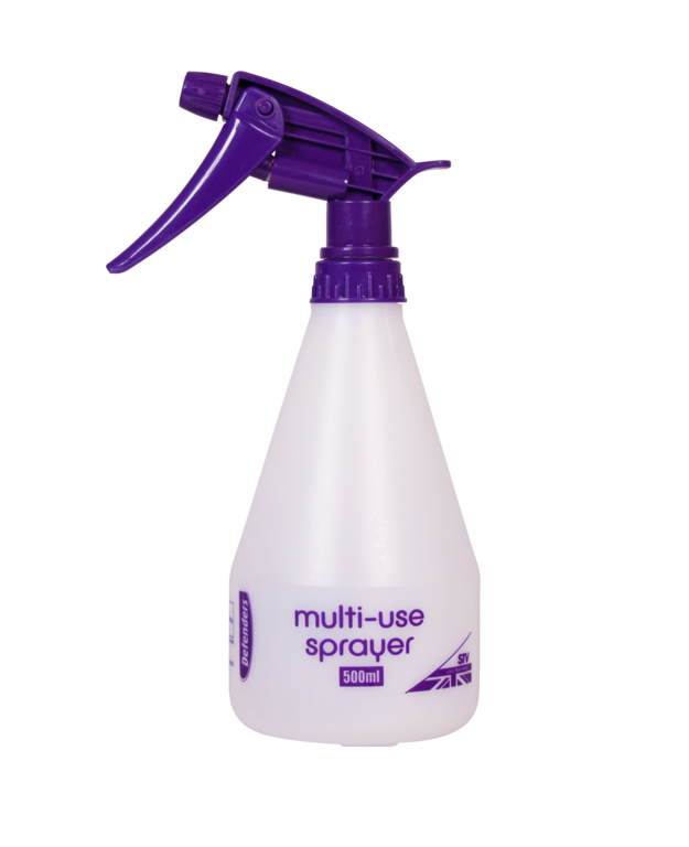 White multi-use sprayer with purple nozzle on a white background