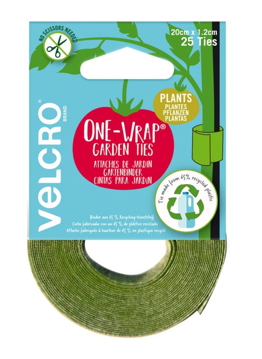 Velcro One-Wrap Garden Ties packaging with green ties on a white background