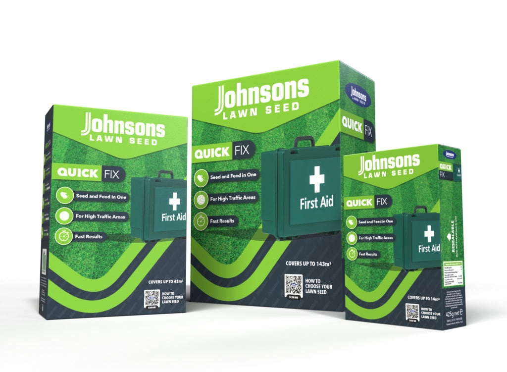 Johnson's Lawn Seed packaging with a First Aid kit design on a white background
