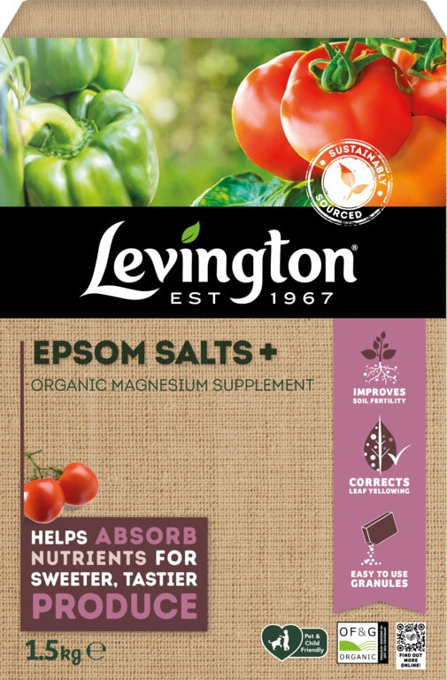 Levington Epsom Salts packaging with vegetables on a natural background