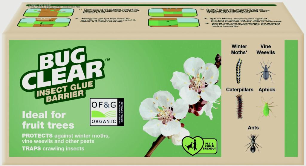Bug Clear insect glue barrier packaging with images of flowers and insects on a green background.