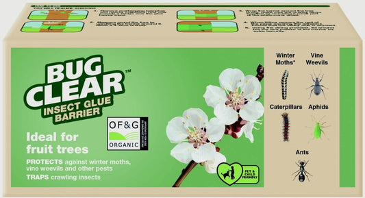 Bug Clear insect glue barrier packaging with images of flowers and insects on a green background.