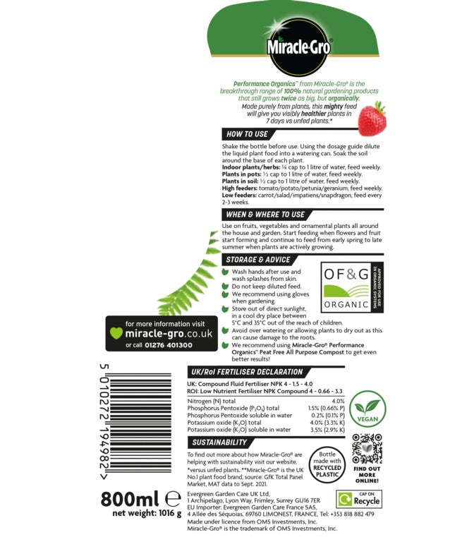 Miracle-Gro fertilizer label with text and branding on a white background