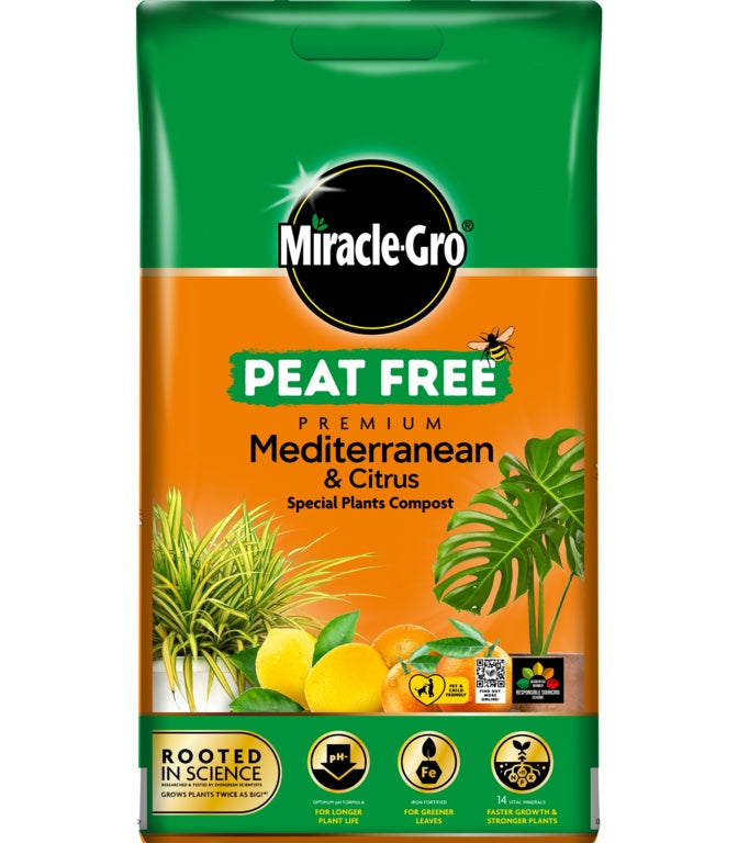 Miracle-Gro Peat Free Premium Mediterranean & Citrus Special Plants Compost | Orange packaging with lemon and monster leaf image | Promotes longer plant life and greener leaves UK