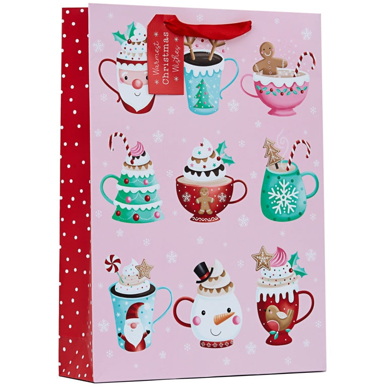 Large pink Christmas gift bag with festive hot chocolate mug pattern | Santa snowman gingerbread man holiday present sack UK