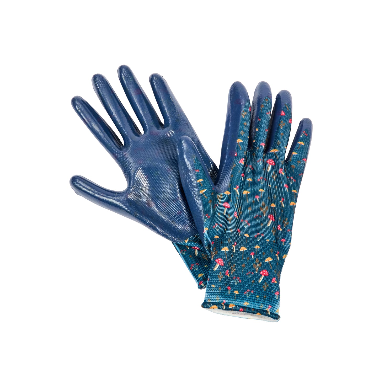 Pair of blue gardening gloves with floral pattern on a white background