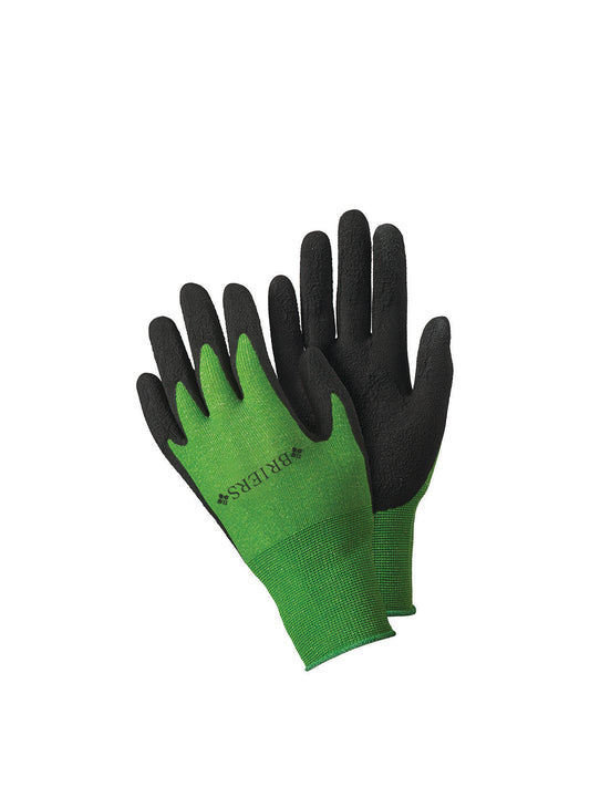 Pair of green and black gardening gloves on a white background