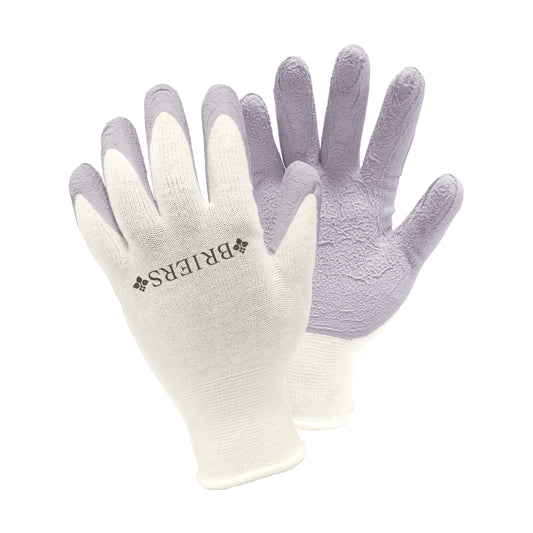 Pair of gloves with purple and white gloves on a white background