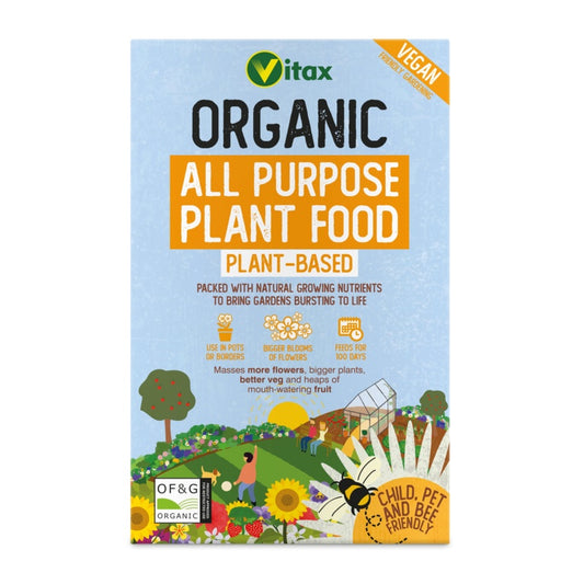 Vitax Organic All Purpose Plant Food packaging with garden illustration on a white background