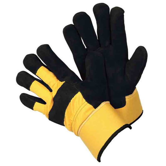 Black and yellow gardening gloves on a white background
