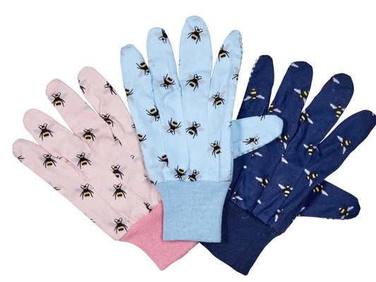 Three pairs of gloves with bee pattern in pink, blue, and navy on a white background