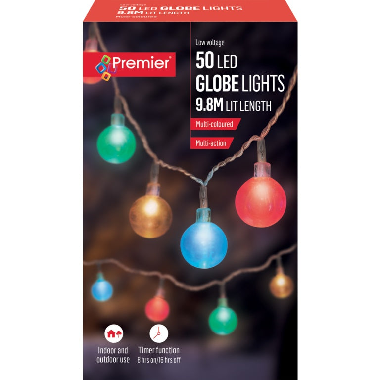 Box of Premier 50 LED globe lights with colorful lights on a dark background