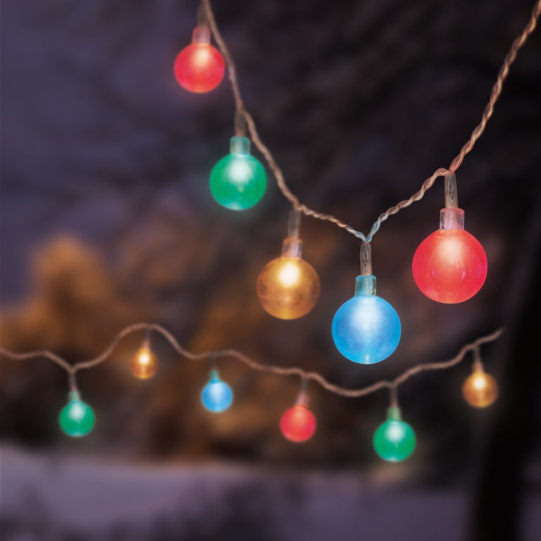 String of colorful lights against a blurred natural background