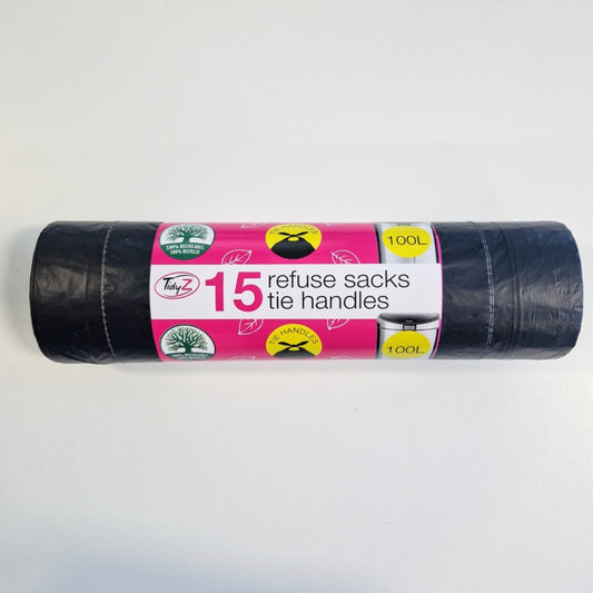 Roll of refuse sacks with a pink label on a white background