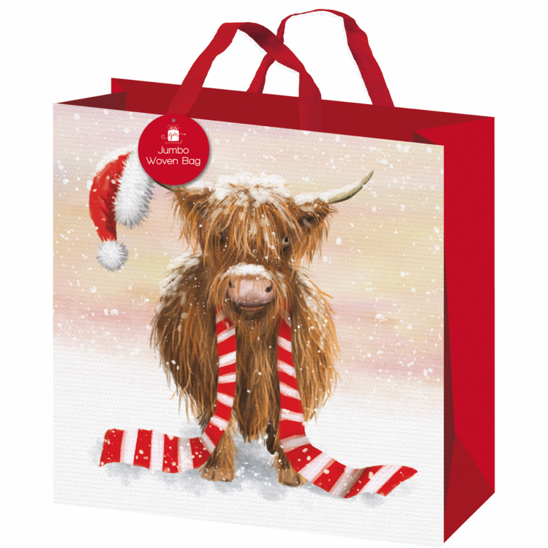 Gift bag with a highland cow design, red handles, and a Jumbo Woven Bag label.