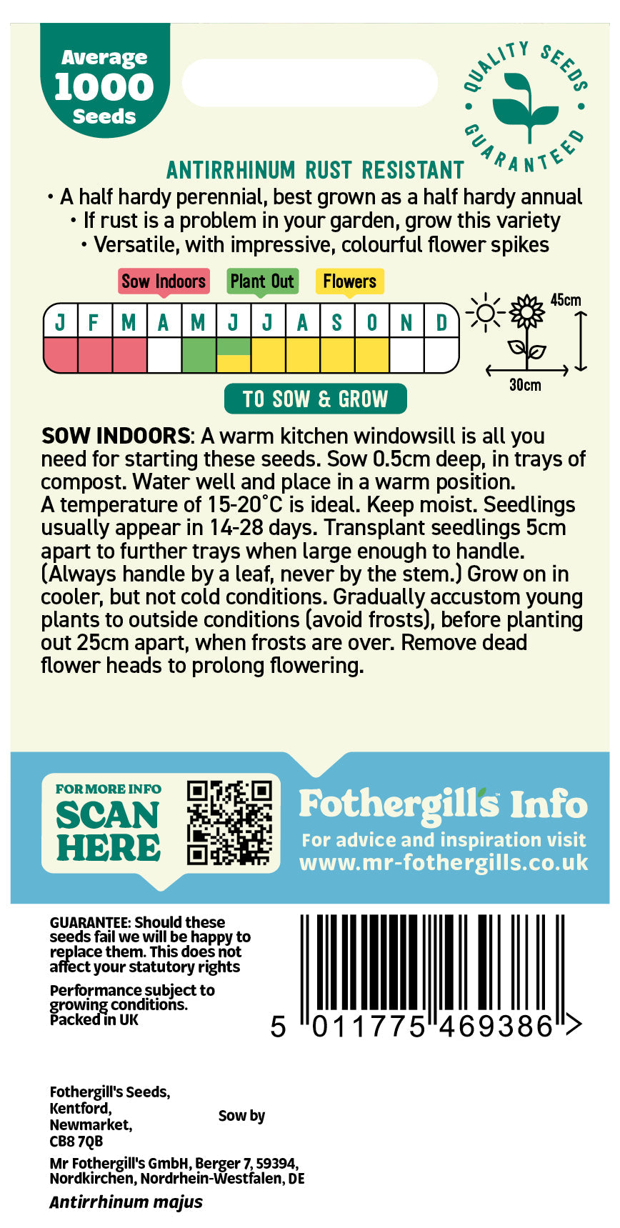 Mr Fothergill's Antirrhinum Rust Resistant Mix Seeds Packet