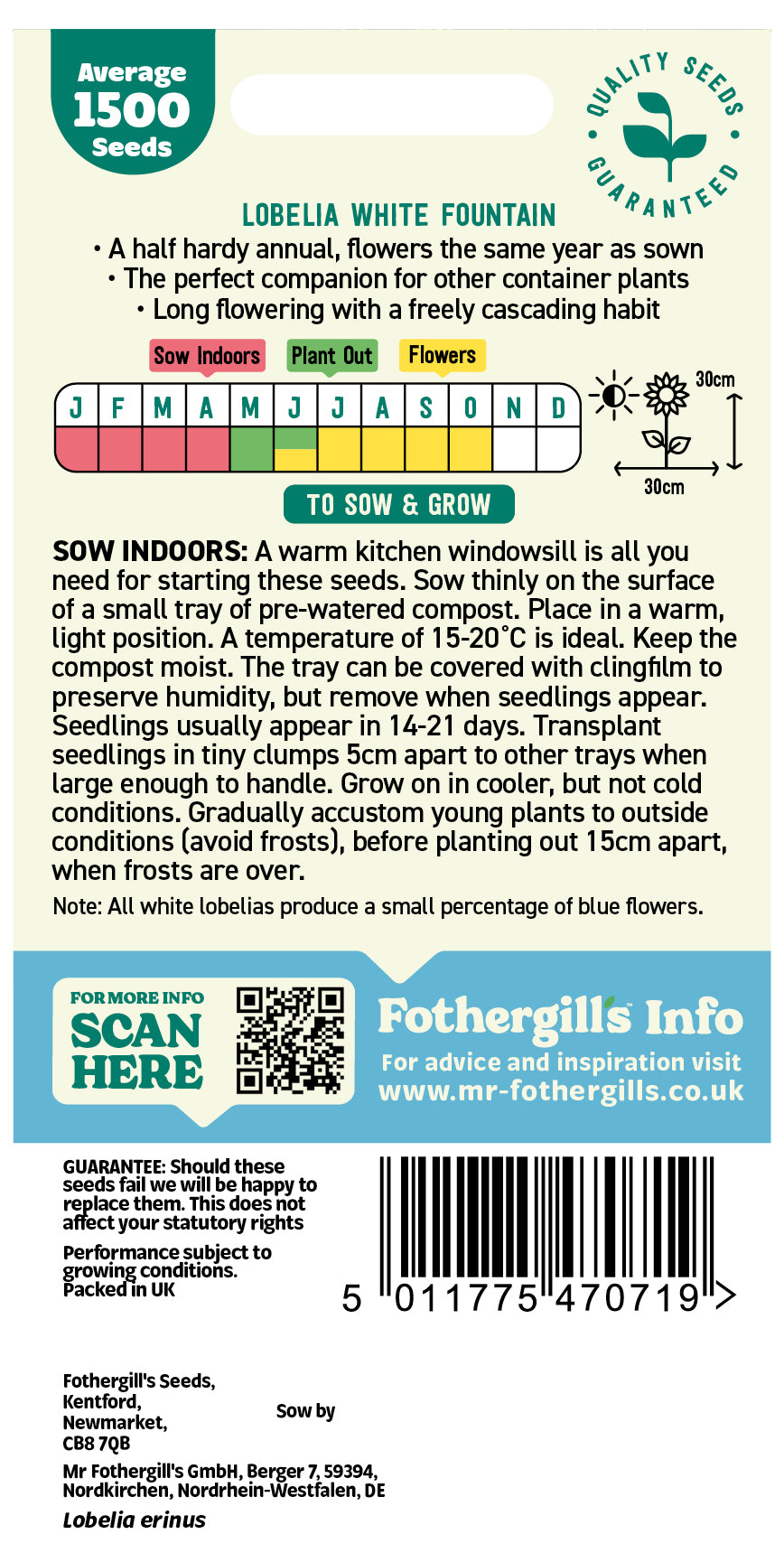 Mr Fothergill's Lobelia (Trailing) White Fountain Seeds Packet