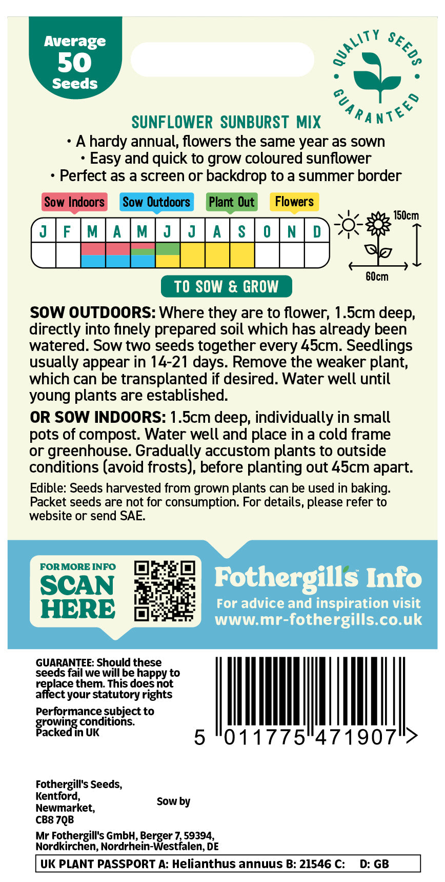 Mr Fothergill's Sunflower Sunburst Mix Seeds Packet