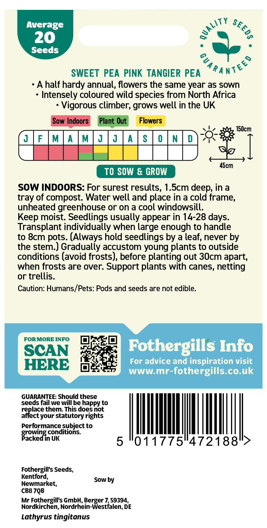 Mr Fothergill's Sweet Pea Pink Tangier Pea Seeds Packet