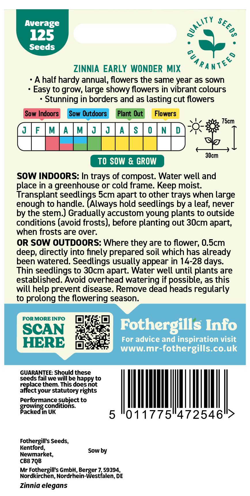 Mr Fothergill's Zinnia Early Wonder Mix Seeds Packet