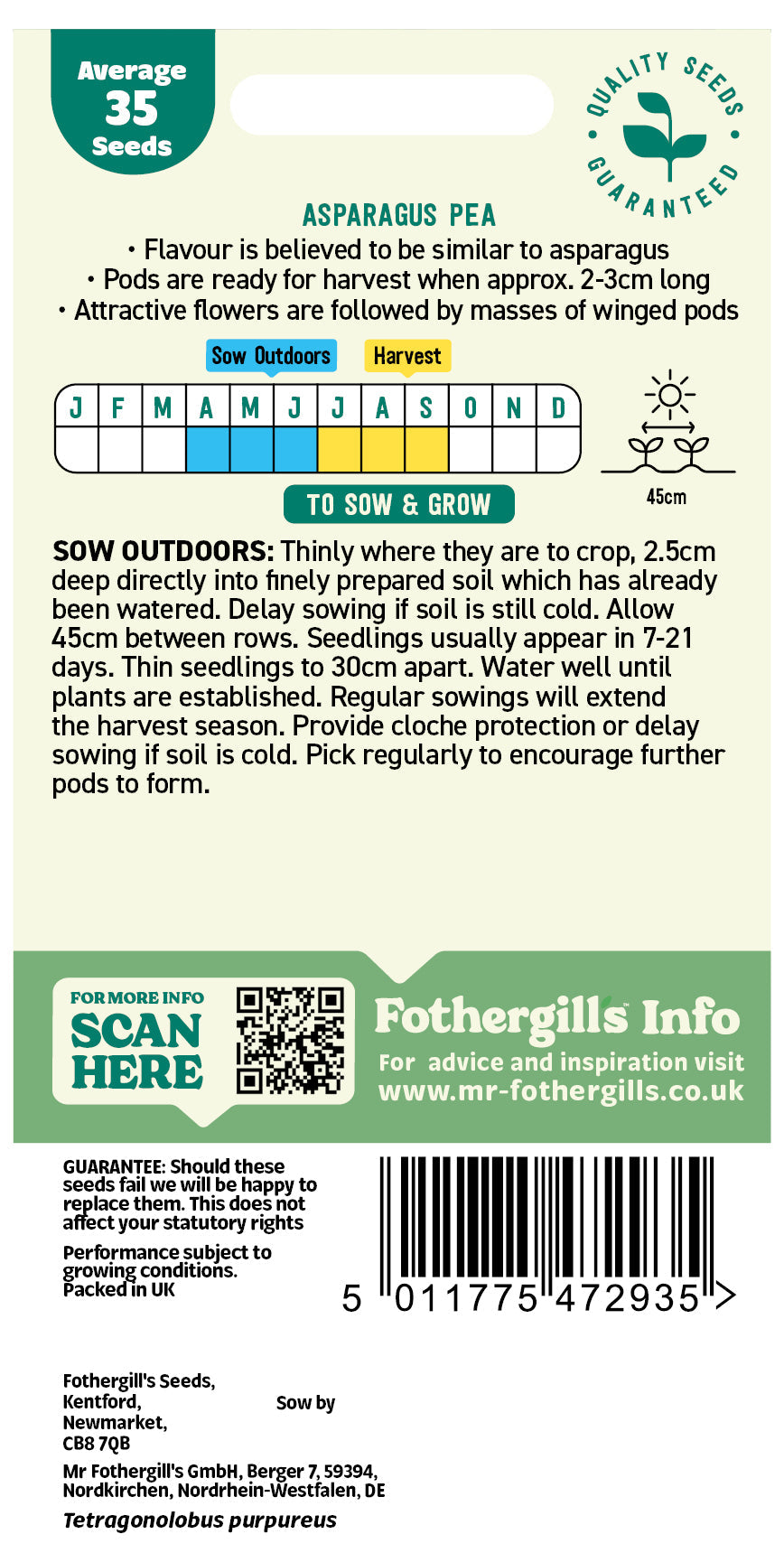 Mr Fothergill's Asparagus Pea Seeds Packet