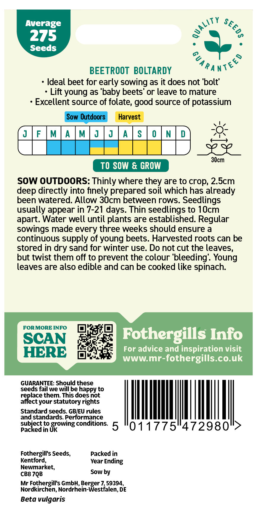 Mr Fothergill's Beetroot Boltardy Seeds Packet