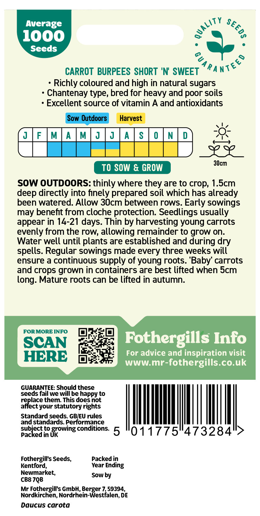 Carrot seed packet with growing information and Fothergills branding