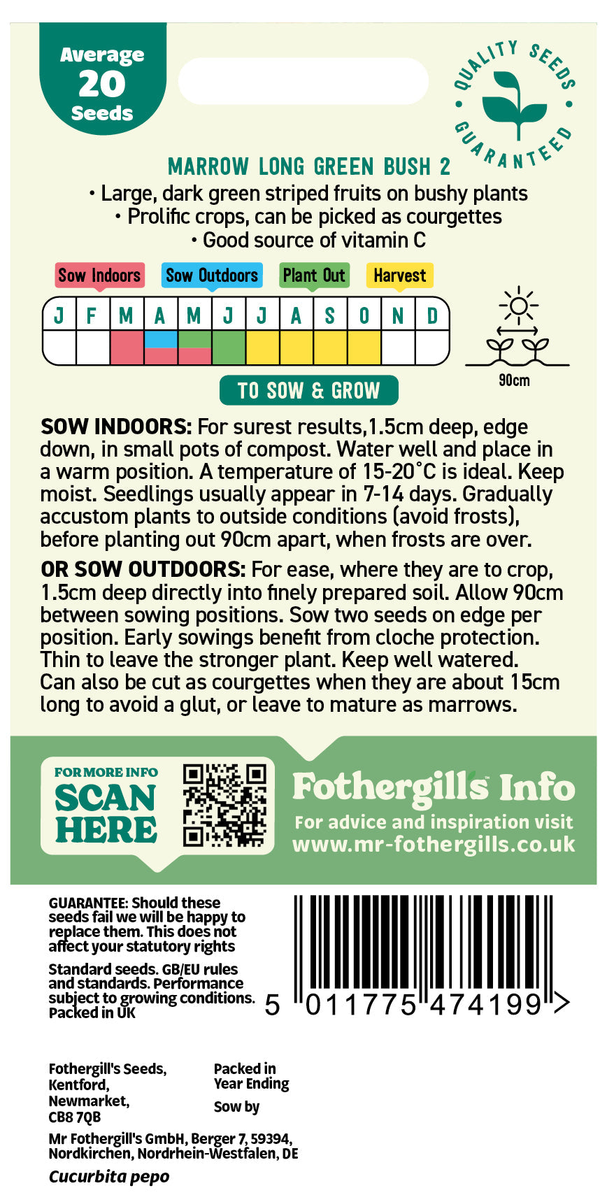 Mr Fothergill's Marrow Long Green Bush 2 Seeds Packet