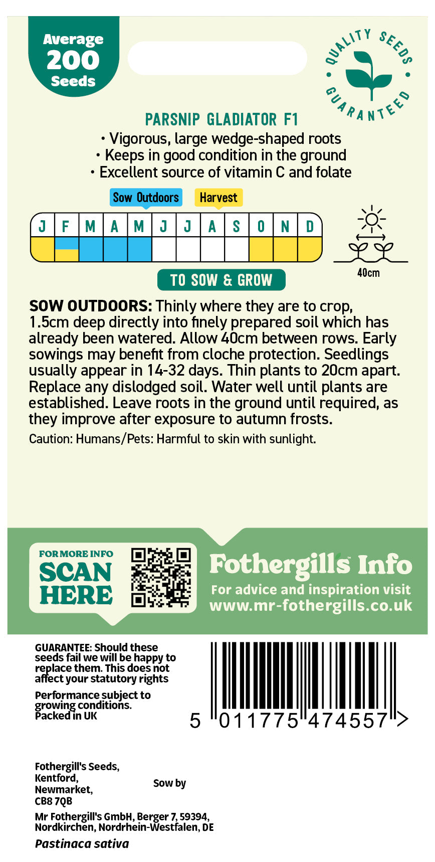 Mr Fothergill's Parsnip Gladiator F1 Seeds Packet