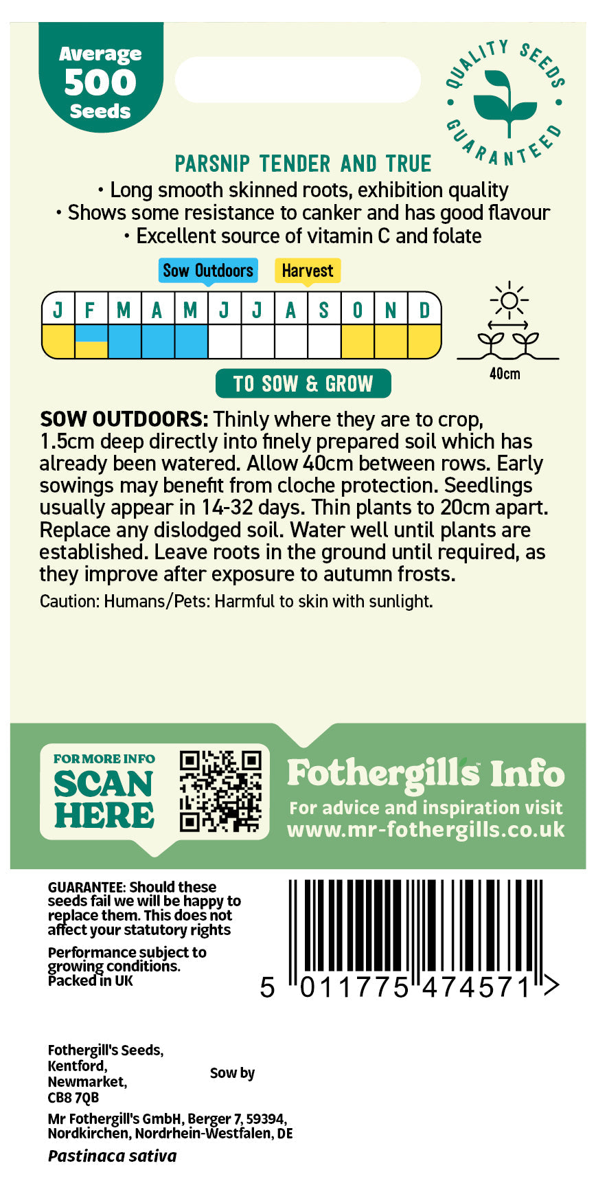 Mr Fothergill's Parsnip Tender And True Seeds Packet