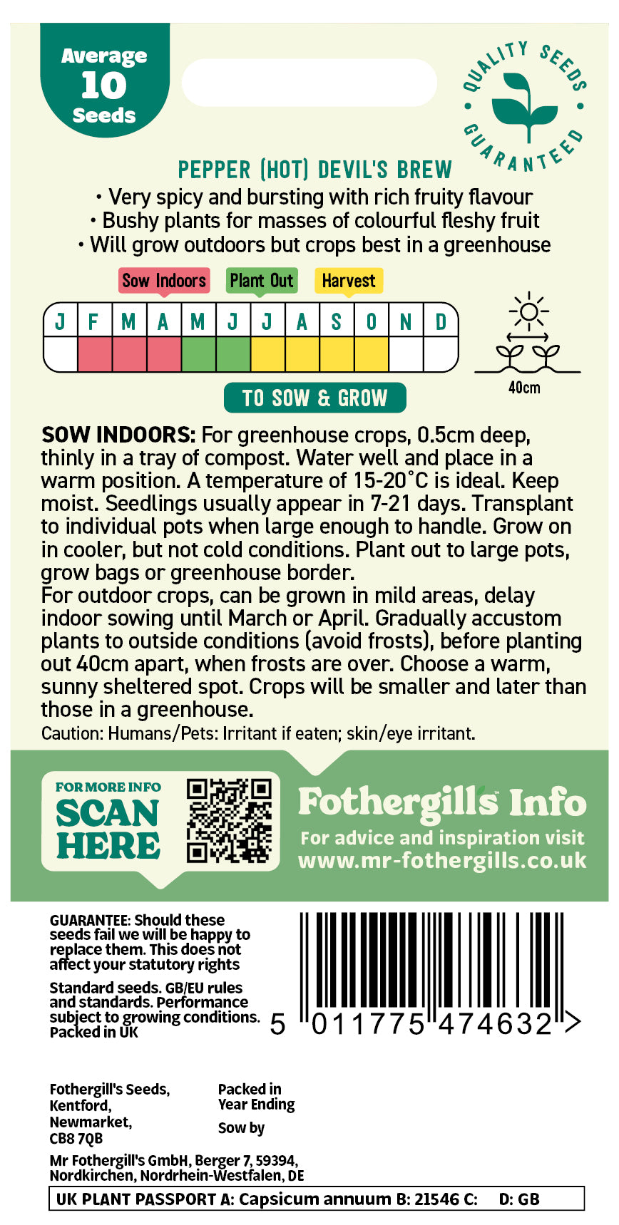 Seeds packet label for 'Devil's Brew' pepper with growing instructions and Fothergills branding.