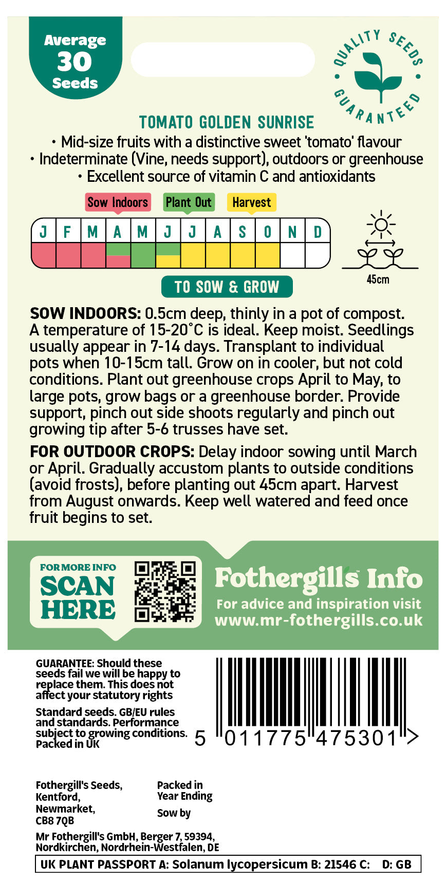 Mr Fothergill's Tomato Golden Sunrise Seeds Packet
