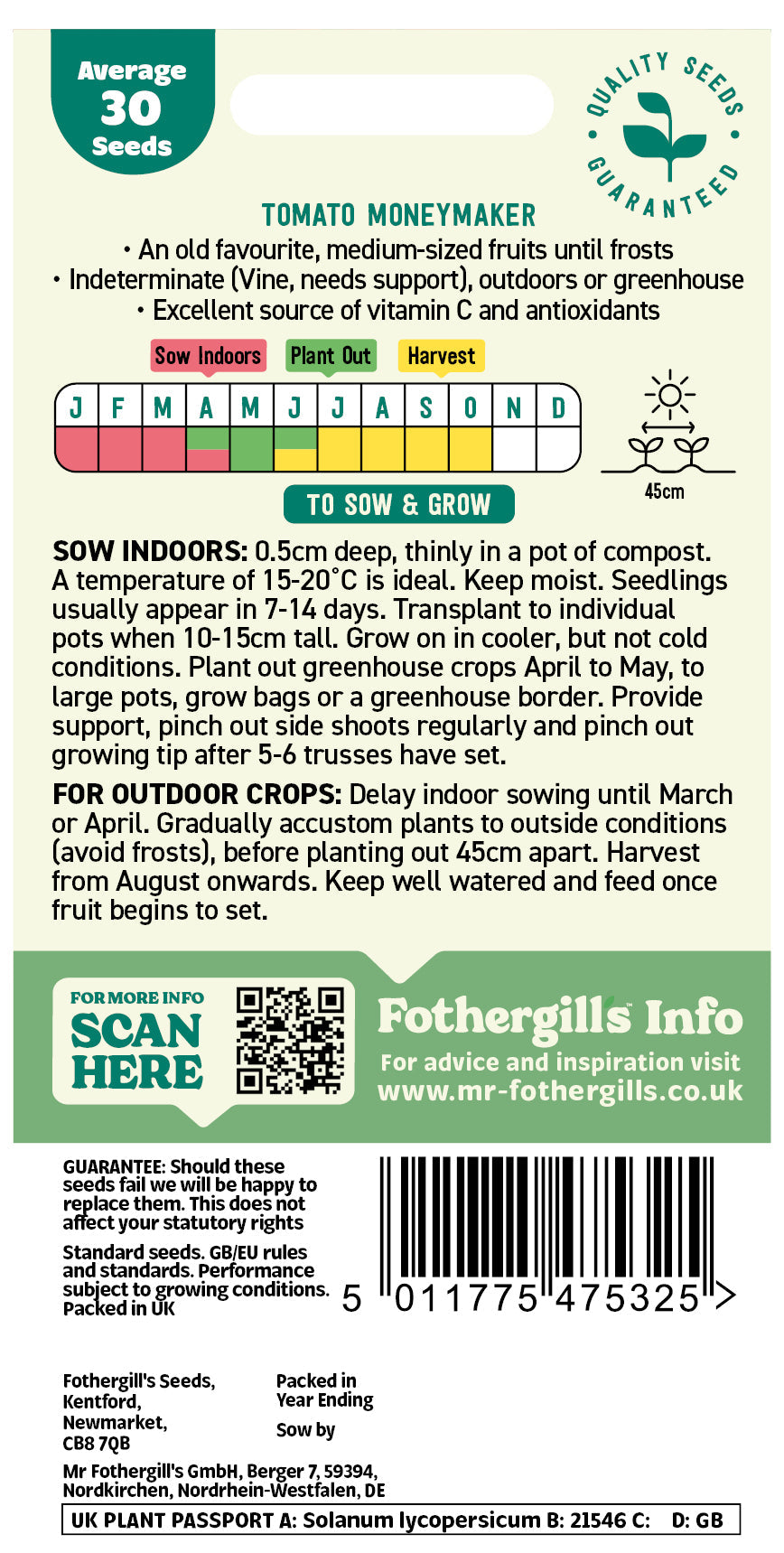 Mr Fothergill's Tomato Moneymaker Seeds Packet