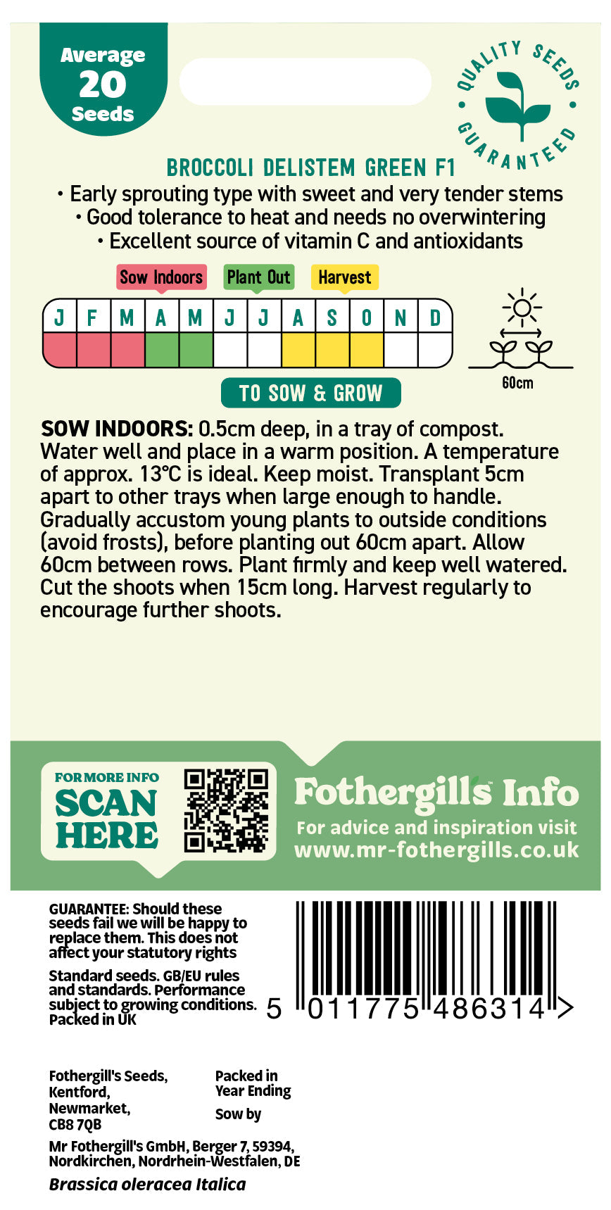 Mr Fothergill's Broccoli (Sprouting) Delistem Green F1 Seeds Packet