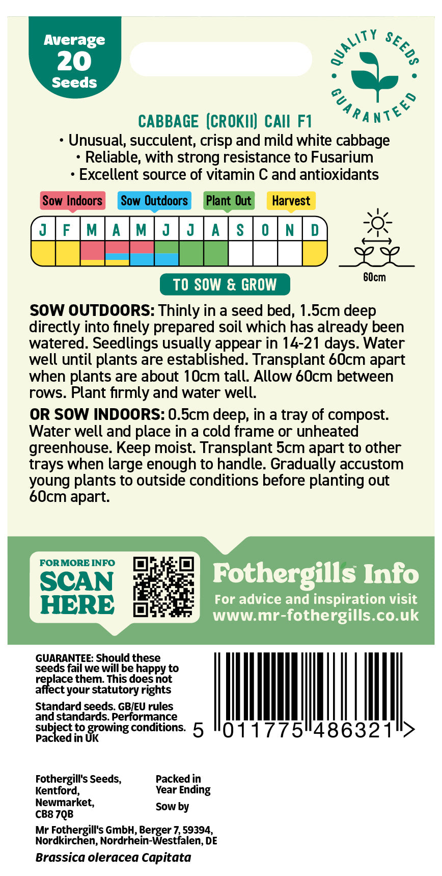 Mr Fothergill's Cabbage (Crokii) Caii F1 Seeds Packet