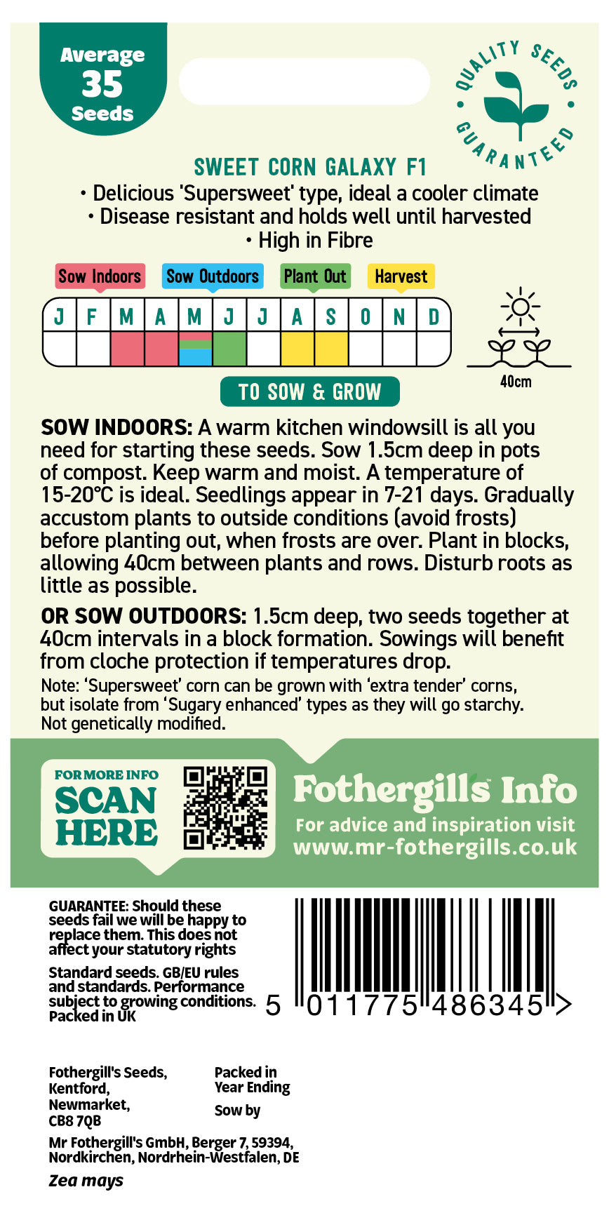 Mr Fothergill's Sweet Corn Galaxy F1 Seeds Packet
