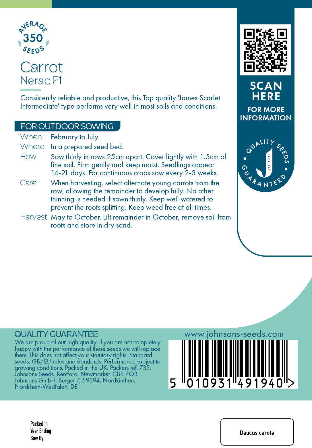 Johnsons Carrot Nerac F1 Seeds Packet