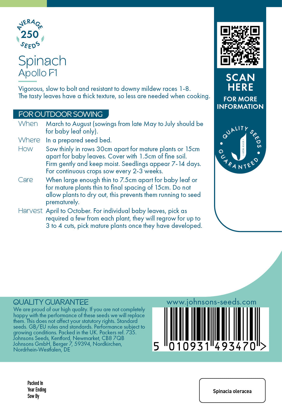Johnsons Spinach Apollo F1 Seeds Packet