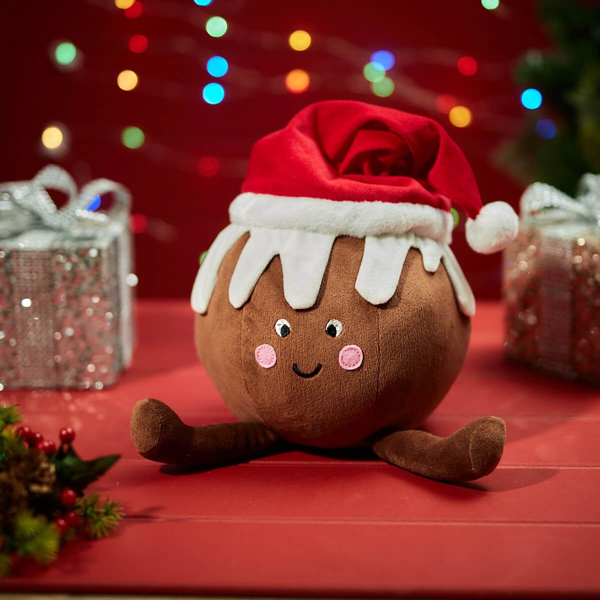 Christmas Pudding Plush Soft Toy | Brown felt figure with white icing, pink cheeks, and a red Santa hat | UK festive soft decoration