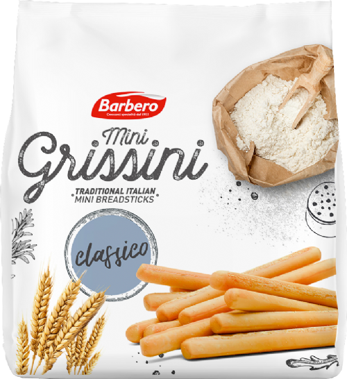 Packaging of Barbero Mini Grissini with breadsticks, flour, and wheat illustration.