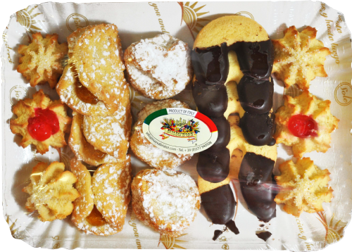 Assorted pastries including cookies and cake on a decorative plate with a visible brand label.