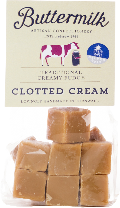 Buttermilk Artisan Confectionery clotted cream fudge packaging with fudge pieces in front.