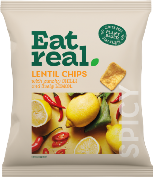 Packaging of Eat Real lentil chips with lemon, chili, and jalapeno on a beige background